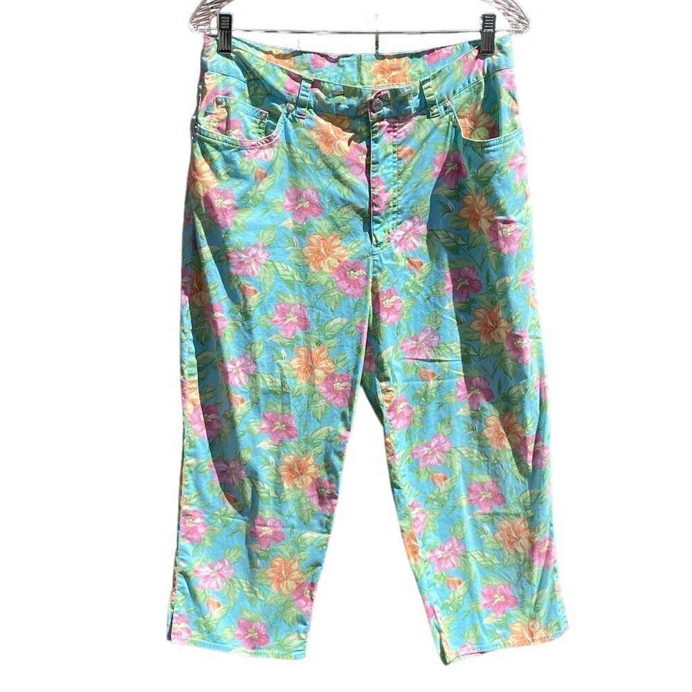 Lauren Ralph Lauren Floral Capri Jean Style Pants Aqua Pink Yellow Green Size 12